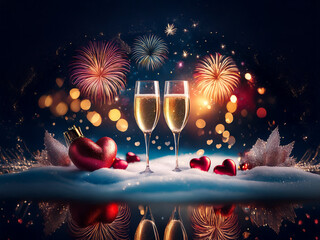 Aufkleber - Two champagne flutes filled to the brim, nestled amongst red hearts and sparkling snow, set against a backdrop of vibrant fireworks.  A romantic and festive scene, perfect for celebrating.