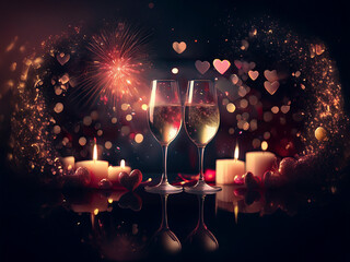 Poster - Romantic Valentine's Day scene: two champagne flutes, candles, rose petals, and sparkling hearts against a dark background with fireworks.  A celebratory, intimate atmosphere.