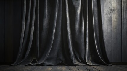 Poster - A dark, flowing curtain drapes over a wooden floor, creating a dramatic ambiance.