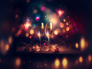 Aufkleber - Two champagne flutes filled to the brim, sparkle with festive lights and bokeh.  Small hearts and celebratory sparks add to the romantic ambiance.
