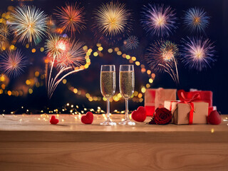 Poster - Romantic celebration scene with two champagne flutes, gifts, and red roses against a vibrant fireworks backdrop.  A festive and joyful mood is depicted.