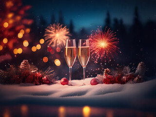 Poster - Two champagne flutes filled to the brim sit on a snowy surface amidst a winter wonderland scene complete with fireworks and festive decorations.  A magical New Year's Eve celebration.