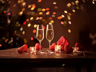 Poster - Romantic scene with two champagne flutes, red heart decorations, and small candles on a wooden table, set against a bokeh background.  A gift is subtly placed nearby.