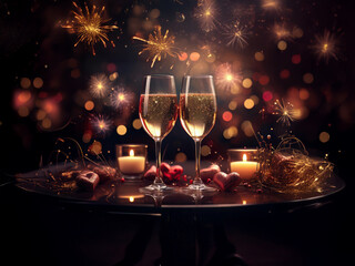 Poster - Two champagne flutes filled to the brim, candles, and sparkling fireworks create a romantic, celebratory ambiance. Perfect for a special occasion.