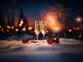 Poster - Two champagne flutes sit on snowy ground with red hearts and a celebratory fireworks display in the background. A romantic winter night scene.