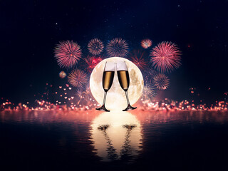 Poster - Two champagne flutes clink before a full moon and vibrant fireworks display reflected in still water. A celebratory scene of joy and festivity.