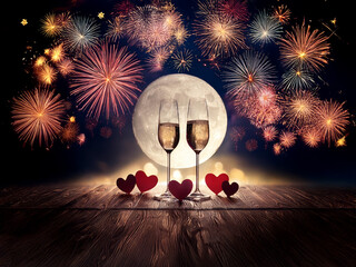 Poster - Romantic Valentine's scene: Two champagne flutes, red hearts, and fireworks explode behind a full moon.  A celebratory, romantic night.