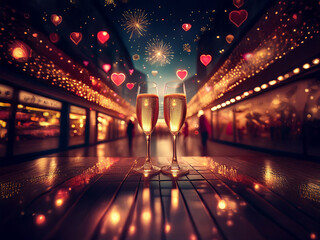 Aufkleber - Two champagne flutes sit on a table outdoors at night, surrounded by festive lights and hearts floating in the air. Fireworks illuminate the romantic scene.