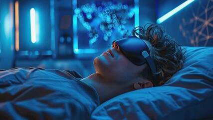 Aufkleber - This person lies in bed wearing a sleep mask, surrounded by soft blue lighting and high-tech decor.