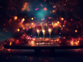 Poster - Three champagne flutes sit on a dark table amidst a magical, bokeh-filled, celebratory scene.  Warm, festive lights and sparkles create a romantic ambiance.