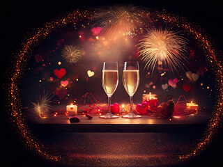 Poster - Romantic Valentine's scene: Two champagne flutes, candles, hearts, and fireworks create a festive, celebratory atmosphere. Perfect for a romantic evening.