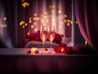 Poster - Romantic Valentine's Day scene: Two champagne flutes, red roses, and a lit candle rest on a table against a softly lit background.  Perfect for a couple's celebration.