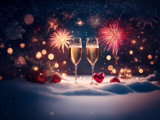 Poster - Two champagne flutes filled to the brim sit nestled in the snow, surrounded by festive ornaments and glittering fireworks. A romantic New Year's Eve scene.