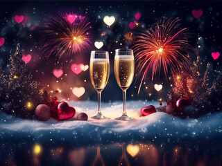 Poster - Two champagne flutes stand amidst a snowy scene, illuminated by fireworks and bokeh hearts.  A romantic and festive winter celebration.