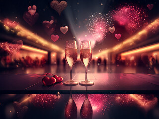 Aufkleber - Two champagne flutes sit on a table, reflecting the celebratory fireworks and floating hearts in a romantic, festive atmosphere.