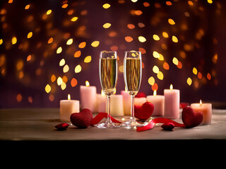 Aufkleber - Romantic Valentine's Day scene with two champagne flutes, red hearts, and soft pink candles, set against a bokeh background of warm lights.  A perfect celebratory setting.