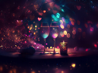 Poster - Two champagne flutes filled with sparkling liquid sit beside a flickering candle, bathed in a magical, colorful bokeh.  Romantic ambiance, perfect for a celebration.