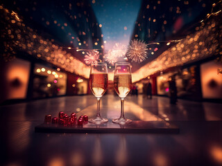 Poster - Two champagne flutes filled to the brim, sit on a tray adorned with red candies, sparkling fireworks illuminating a festive city night.