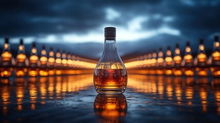 Poster - A bottle of amber liquid surrounded by glowing lights.