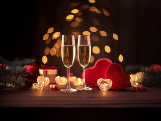 Poster - Romantic scene with two champagne flutes, red hearts, and warm lighting.  Perfect for a celebratory toast.