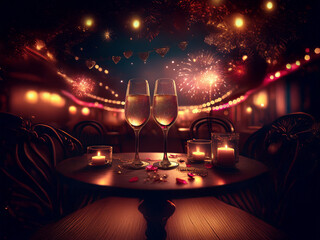 Poster - Romantic scene: Two champagne flutes on a table with candles, surrounded by a celebratory fireworks display in a dimly lit, elegant setting.  Petals are scattered on the table.