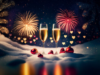 Poster - Two champagne flutes filled to the brim rest on a snowy surface amidst sparkling fireworks and small hearts, creating a romantic and celebratory atmosphere.