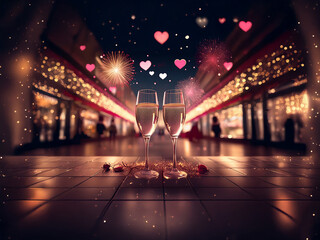 Poster - Two champagne flutes sit on a romantic city street at night, surrounded by sparkling lights and hearts, creating a festive Valentine's Day atmosphere.