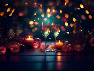 Poster - Romantic New Year's Eve scene: two champagne flutes, glowing candles, and festive ornaments create a magical ambiance.  Sparkling lights and a touch of snow add to the enchanting mood.