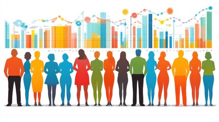 Poster - Diverse group of people standing before colorful data charts and graphs representing business analytics, market research, and demographic data.