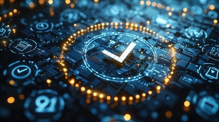 Poster - Cyber security checkmark on circuit board.