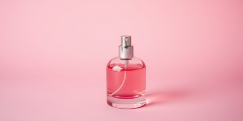 A sleek, pink perfume bottle with a silver atomizer sits on a soft pink background