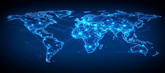 Poster - Global Network Map With Interconnected Nodes And Lines, Blue Tones, Shallow Depth Of Field