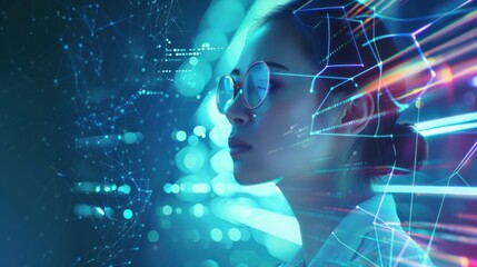 Poster - businesswoman in metaverse, digital transformation conceptual for next generation technology era.