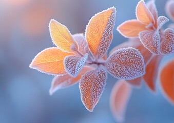 Poster - Frost-Covered Leaves in Soft Winter Light with Pastel Tones and Surreal Glow