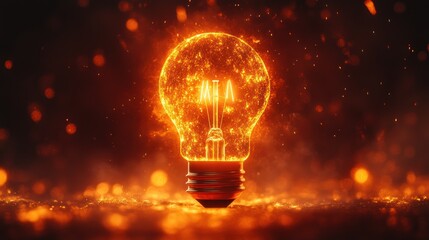 Poster - Fiery incandescent light bulb on dark background, sparks and bokeh.