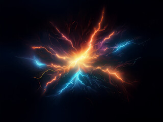 Poster - A vibrant explosion of energy, radiating outwards in streaks of blue, orange, and purple light against a dark background. The glowing, dynamic forms create a sense of power and movement.