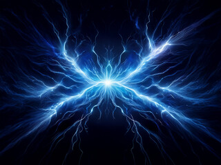 Poster - A mesmerizing abstract image depicting a radiant, electric blue energy formation resembling a butterfly.  Intricate, glowing tendrils emanate from a central point, creating a symmetrical, cosmic desig