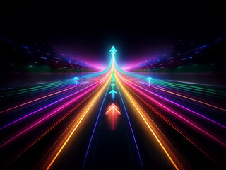 Aufkleber - A vibrant, multicolored highway of light stretches towards a bright future, symbolized by upward-pointing arrows.  It represents progress, success, and upward mobility.