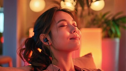 Aufkleber - This person relaxes with eyes closed, listening to calming sounds in a warm, dimly lit room.