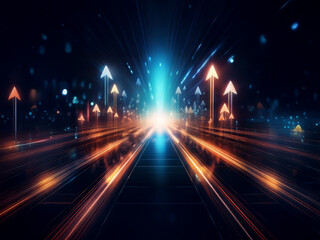 Aufkleber - Glowing arrows ascend a futuristic highway of light streaks, symbolizing growth and progress in a digital realm.  The vibrant colors evoke dynamism and speed.