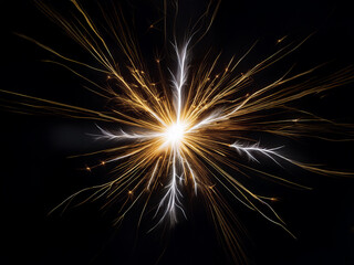 Poster - A radiant burst of light, gold and white streaks explode from a central point against a pitch-black background.  The image evokes feelings of energy and cosmic wonder.