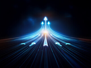 Aufkleber - Glowing blue arrows converge upward on a dark background, symbolizing growth, progress, and upward mobility.  The converging lines create a sense of momentum and achievement.