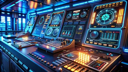 Poster - Futuristic Blue Control Panel: Sci-Fi Tech Console Interface Stock Photo