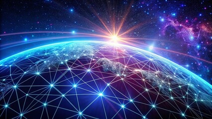 Poster - Futuristic Earth Network: Glowing Lines Connect Global Network Against Starry Sky