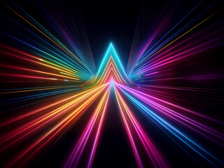 Fototapete - Vibrant rainbow neon lines converge into a radiant arrow shape against a stark black background, creating a dynamic and futuristic visual effect.  The image evokes feelings of speed and energy.