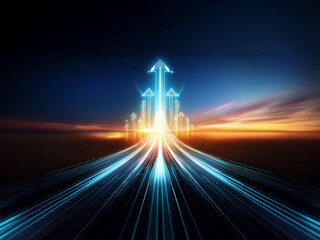 Aufkleber - A glowing road stretches to the horizon, converging upward into multiple luminous arrows against a vibrant sunset sky.  It symbolizes progress, growth, and ambition.