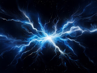 Leinwandbilder - Abstract image depicting a celestial electrical discharge.  Intense blue and white energy bursts radiate from a central point against a dark backdrop, resembling a nebula or supernova.
