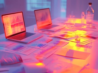 Poster - Collaborative Financial Analysis in a Modern Workspace with Laptops and Graphs