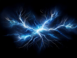 Poster - A mesmerizing display of blue electric energy bursts forth from a central point, branching into intricate, glowing tendrils against a pitch-black background.  The image evokes power and raw energy.