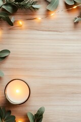 Poster - Cozy Candlelit Ambiance on Rustic Wood with Pine and Fairy Lights